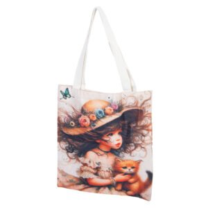 Tote Bag Ilustrada “Niña y Gato” – Bolsa de Lona Ecológica con Diseño Vintage y Flores