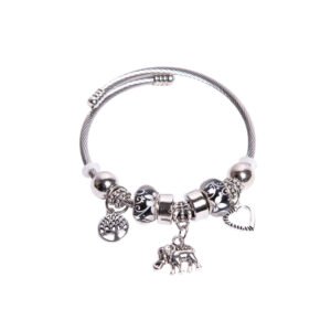 pulsera plata elefante Pulsera Plateada Rígida de acero inoxidable con Dijes de la Suerte